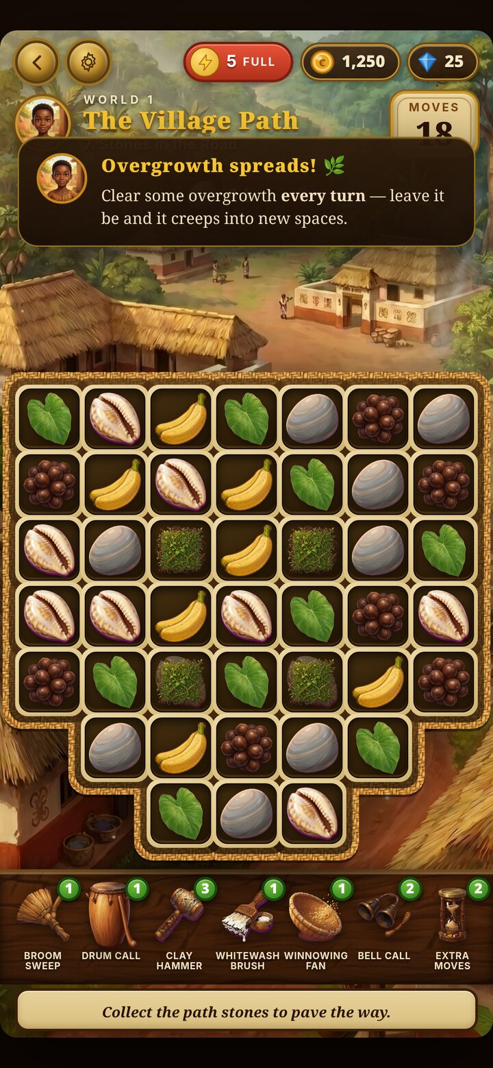 A Stool Quest match-3 board, with boosters and cowrie, plantain and leaf tiles